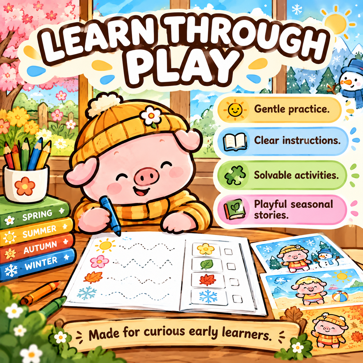 Four Seasons Number Games for Kids – 30 Printable Math Worksheets PDF – A4 Landscape Educational Activity Book