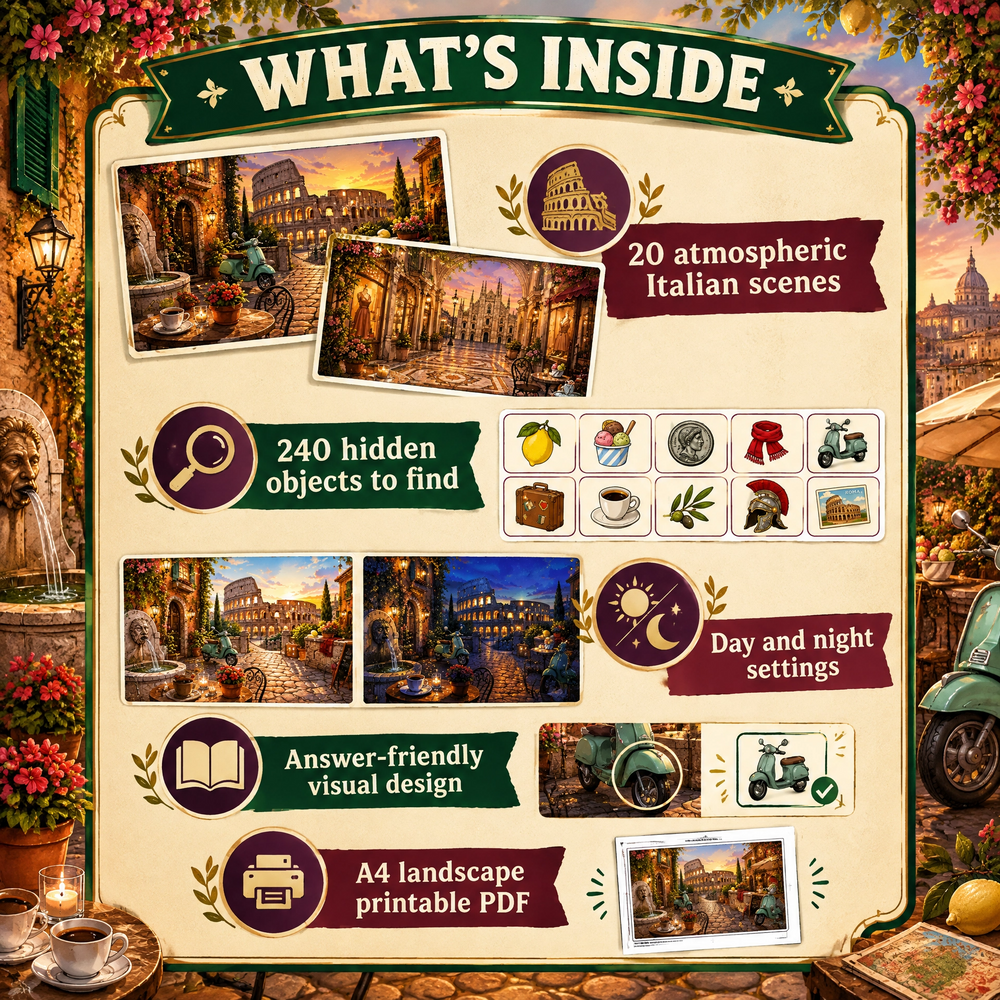 Dreamy Rome Italy – Find 12 Hidden Objects Activity Book