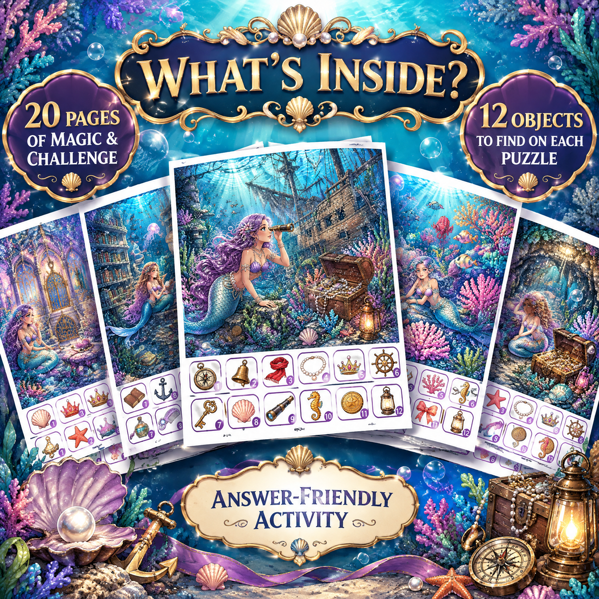 Dreamy Mermaid Hidden Objects – Challenge Edition Activity Book