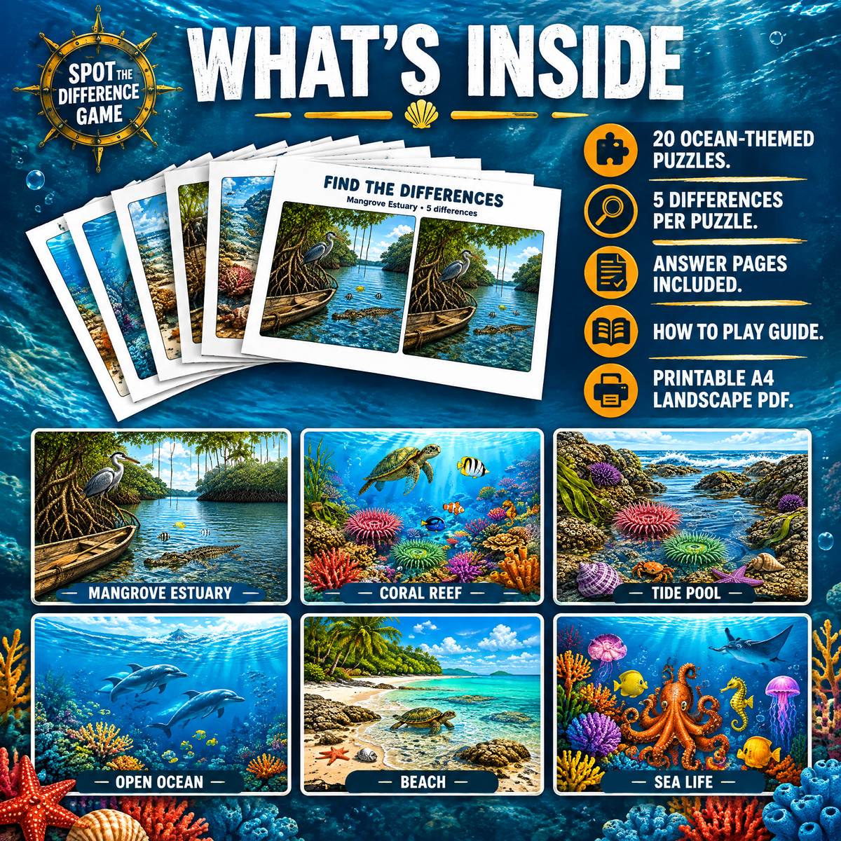 Find the Differences: Ocean Adventures – 20 Pages Printable PDF Activity Book