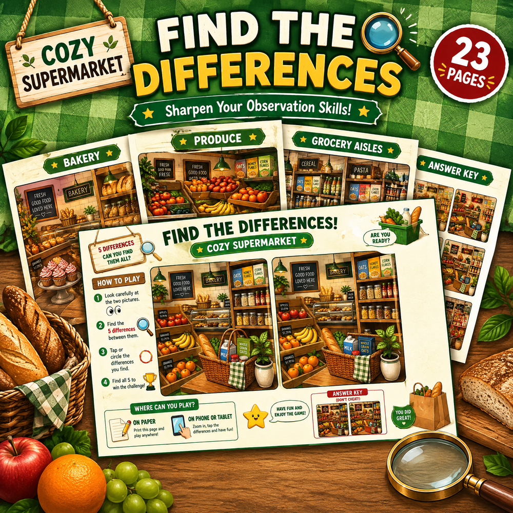 Find the Differences: Cozy Supermarket – Printable PDF Activity Book