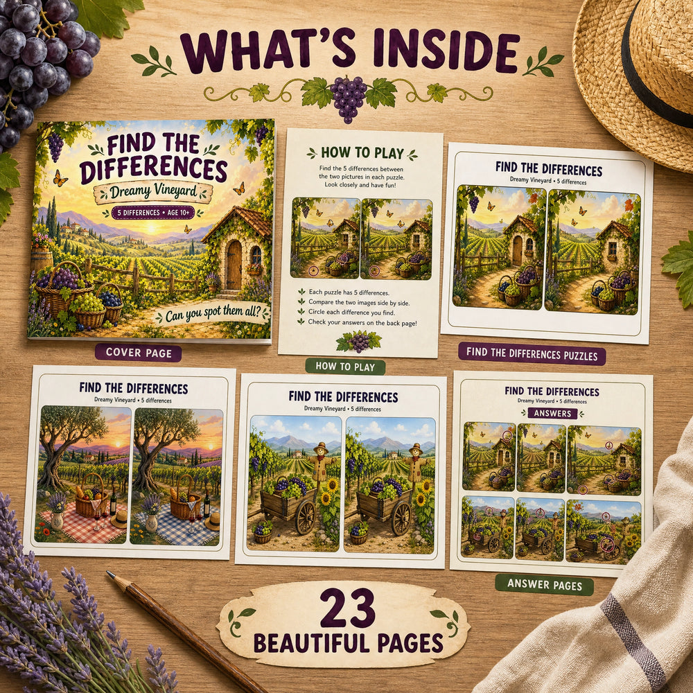 Find the Differences: Dreamy Vineyard – Printable PDF Puzzle Book for Kids &amp; Families