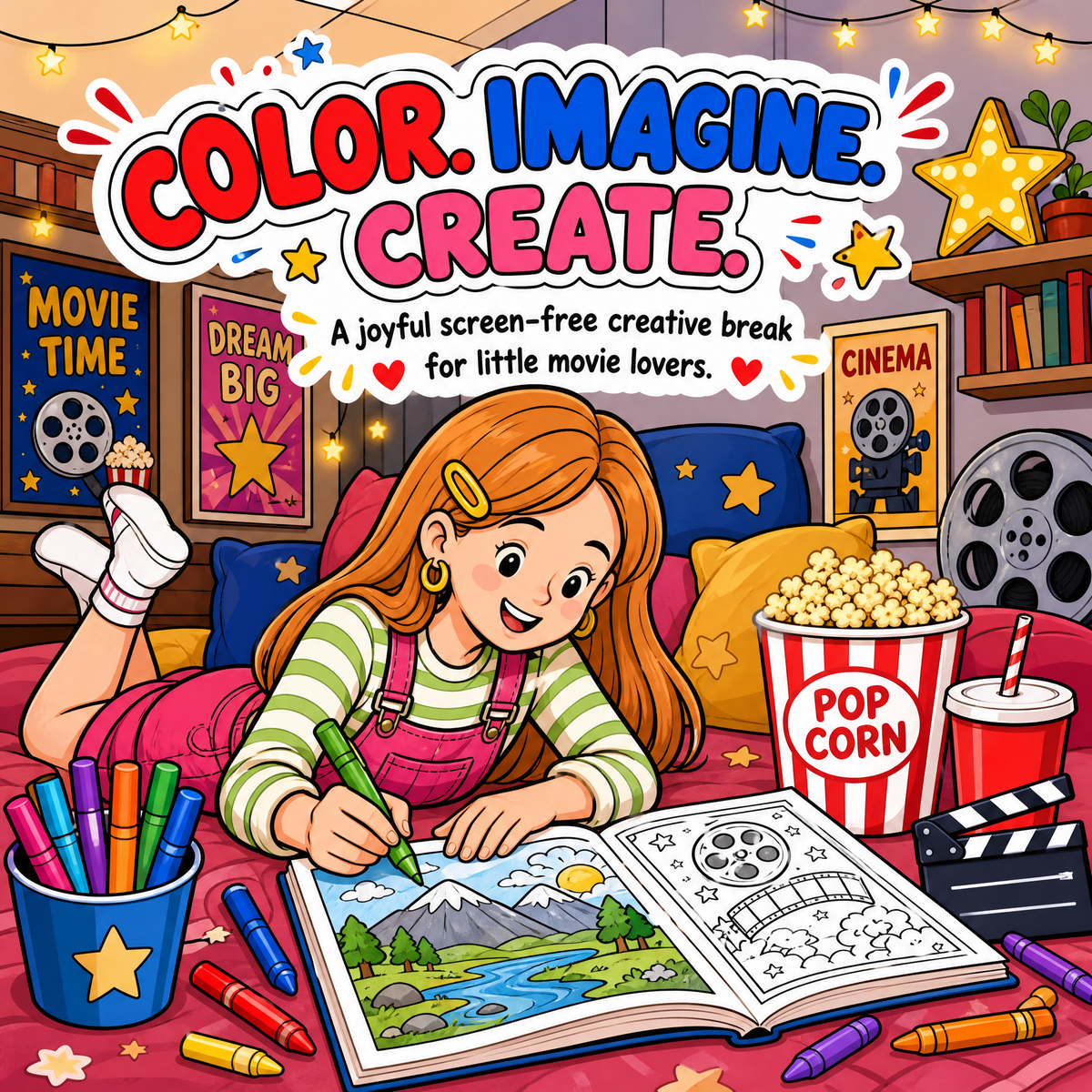 Dreamy Cat at Cinema: 50+ Cute Cinema Coloring Book for Kids