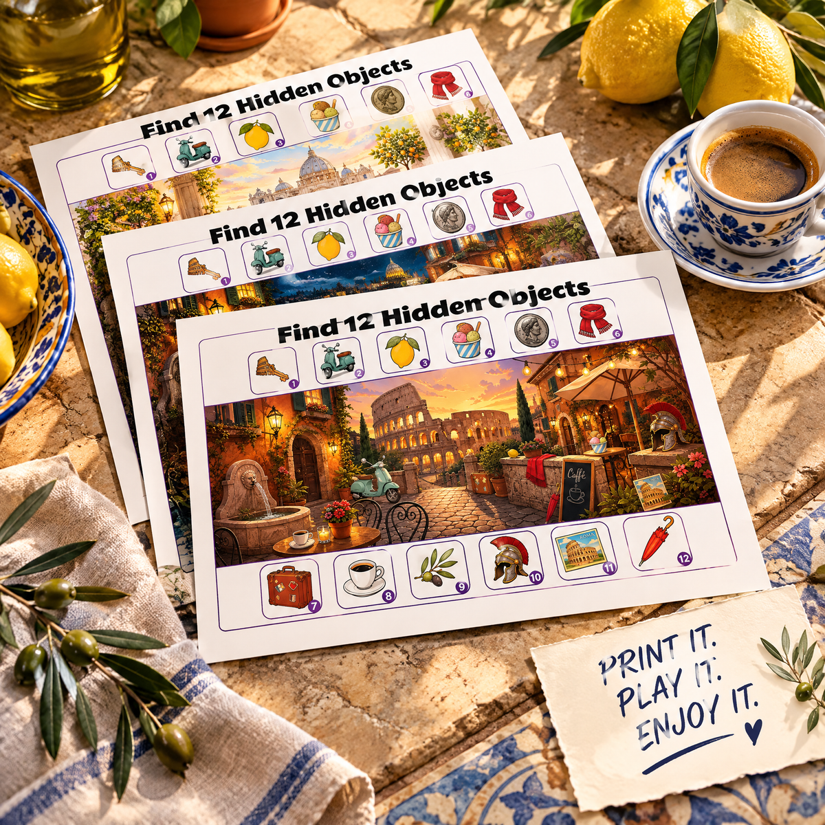 Dreamy Rome Italy – Find 12 Hidden Objects Activity Book