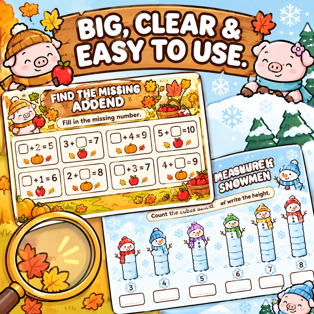 Four Seasons Number Games for Kids – 30 Printable Math Worksheets PDF – A4 Landscape Educational Activity Book