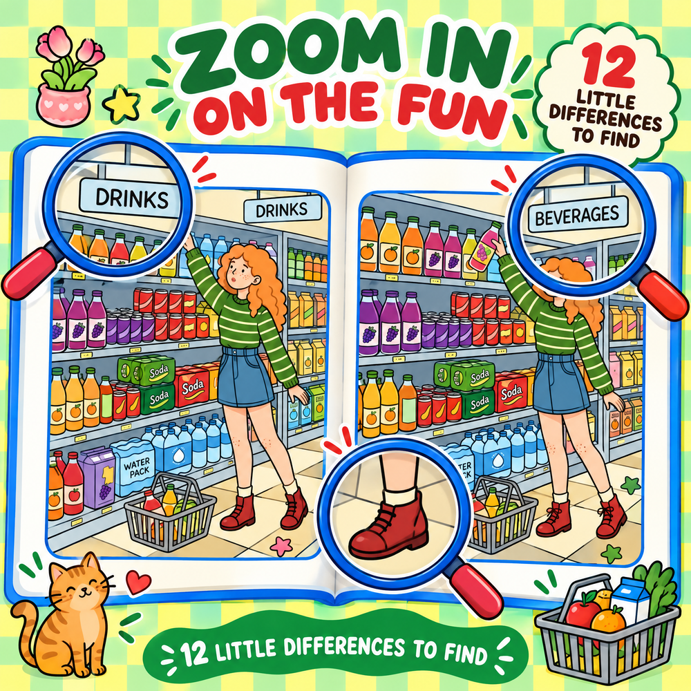 Find the 12 Differences Supermarket Fun – 30 Puzzles for Kids