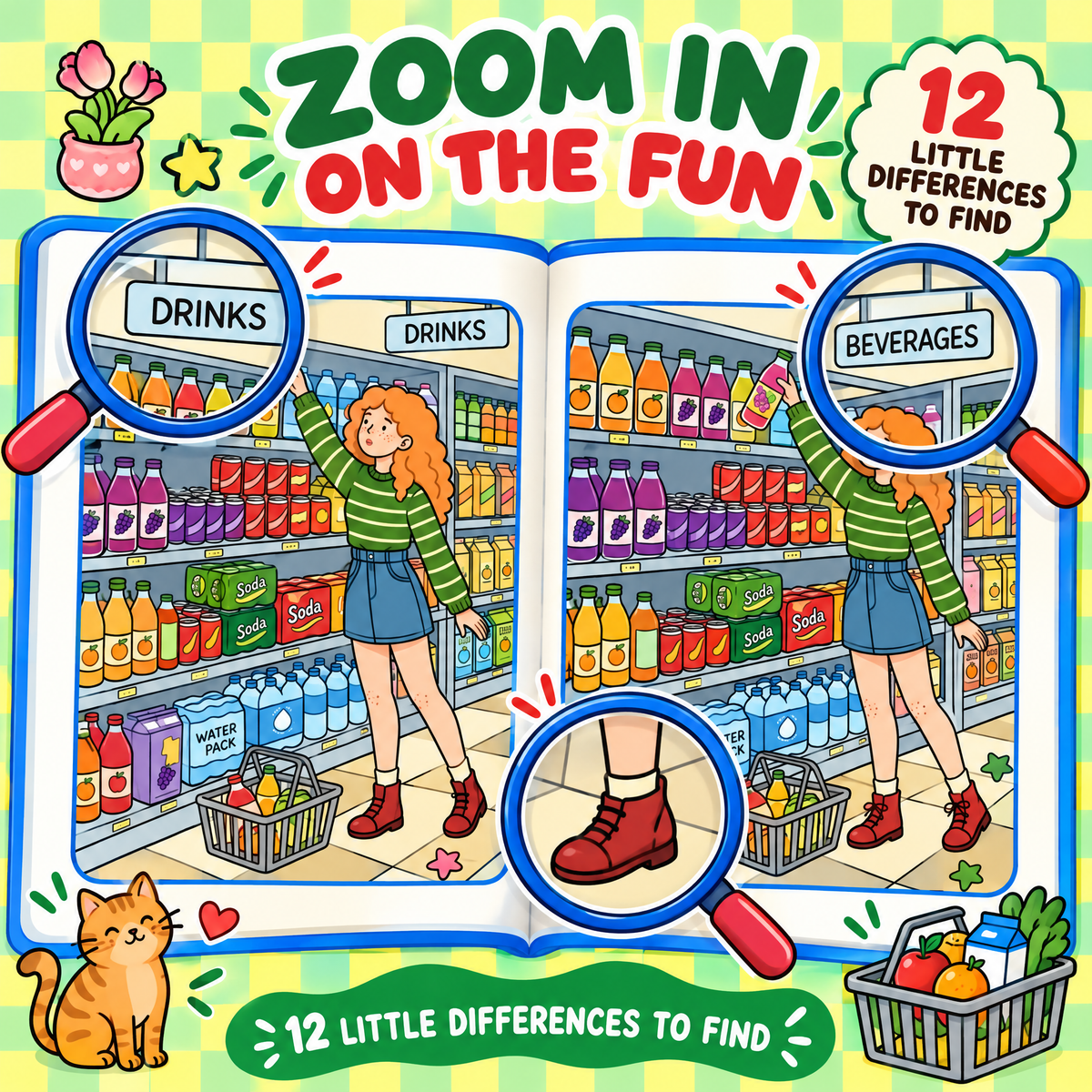 Find the 12 Differences Supermarket Fun – 30 Puzzles for Kids