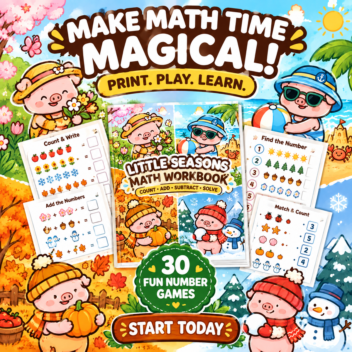 Four Seasons Number Games for Kids – 30 Printable Math Worksheets PDF – A4 Landscape Educational Activity Book