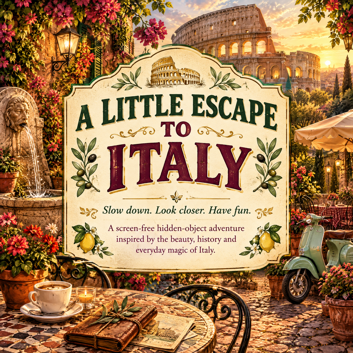 Dreamy Rome Italy – Find 12 Hidden Objects Activity Book