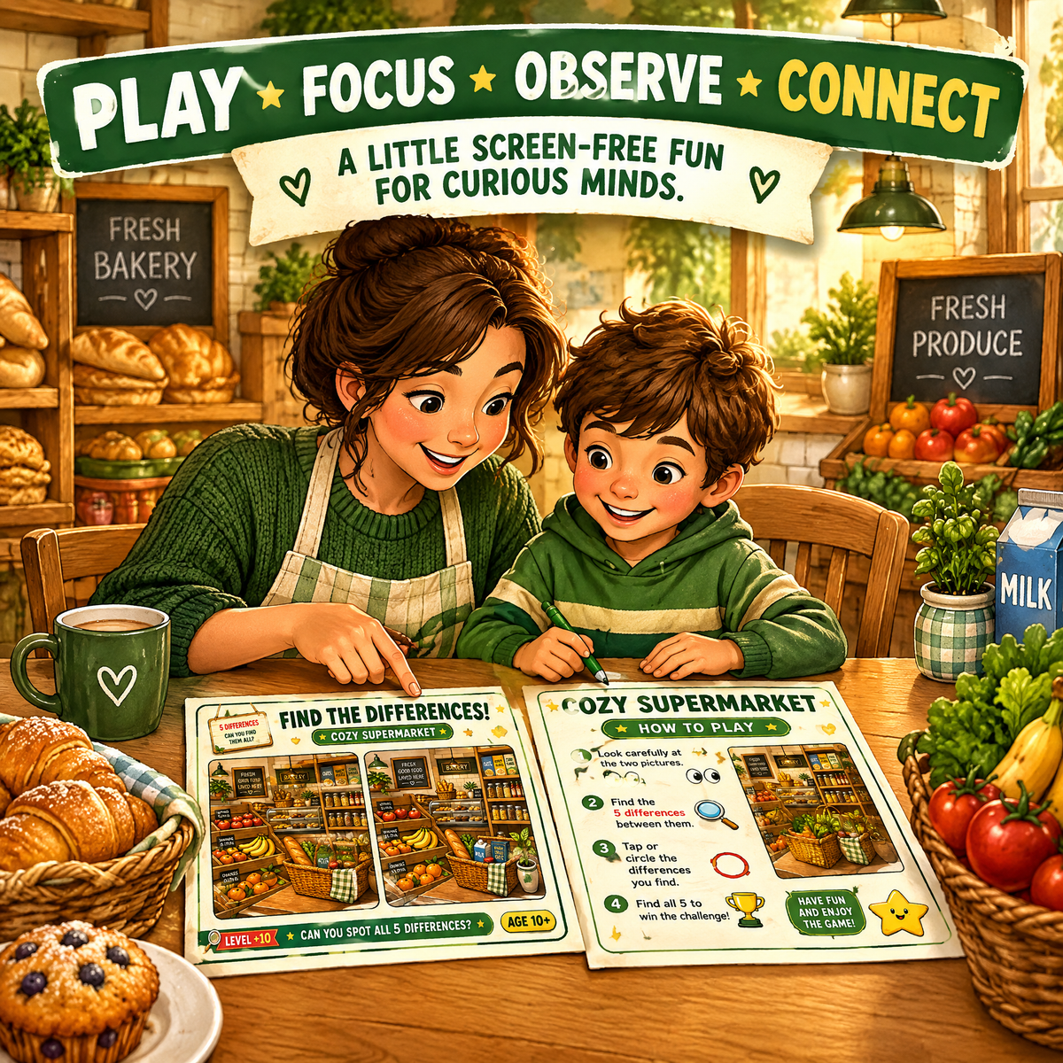 Find the Differences: Cozy Supermarket – Printable PDF Activity Book