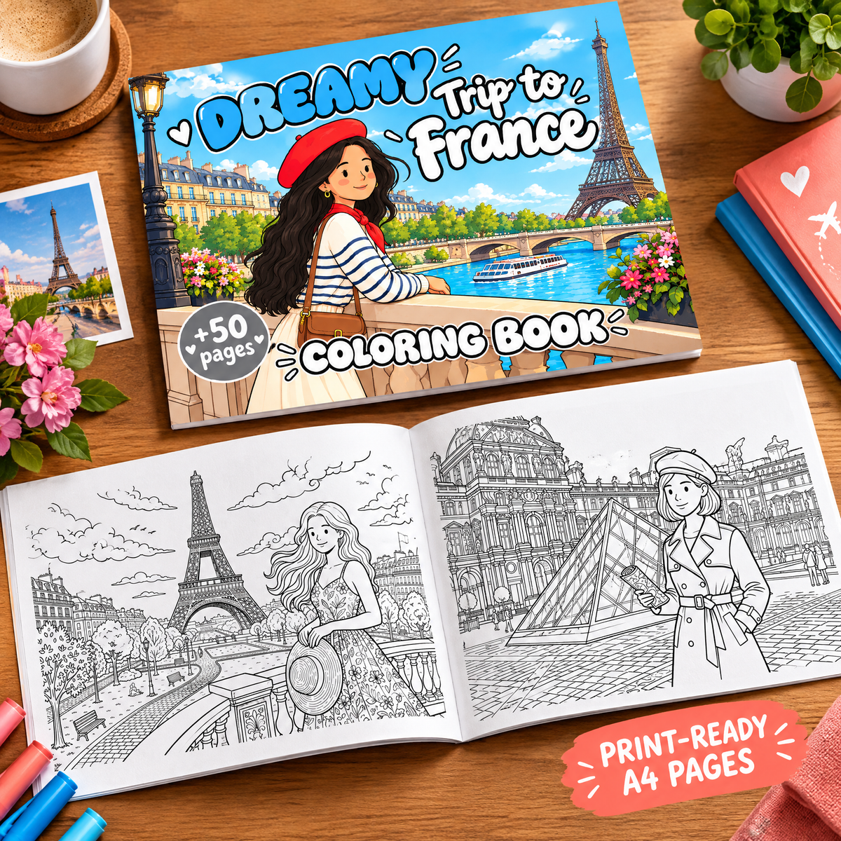 Dreamy Trip to France: Paris Coloring Book for Kids &amp; Teens | 50+ Pages