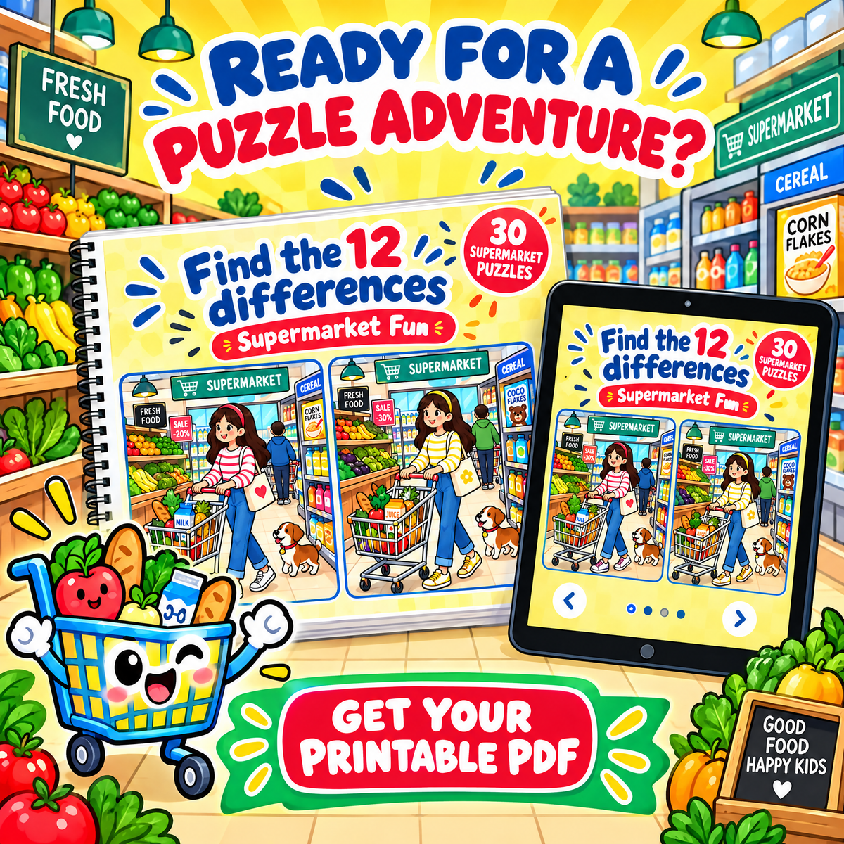 Find the 12 Differences Supermarket Fun – 30 Puzzles for Kids