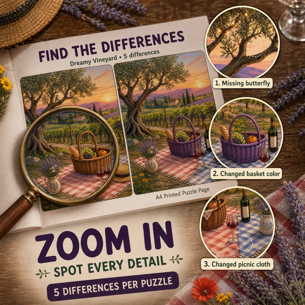 Find the Differences: Dreamy Vineyard – Printable PDF Puzzle Book for Kids &amp; Families