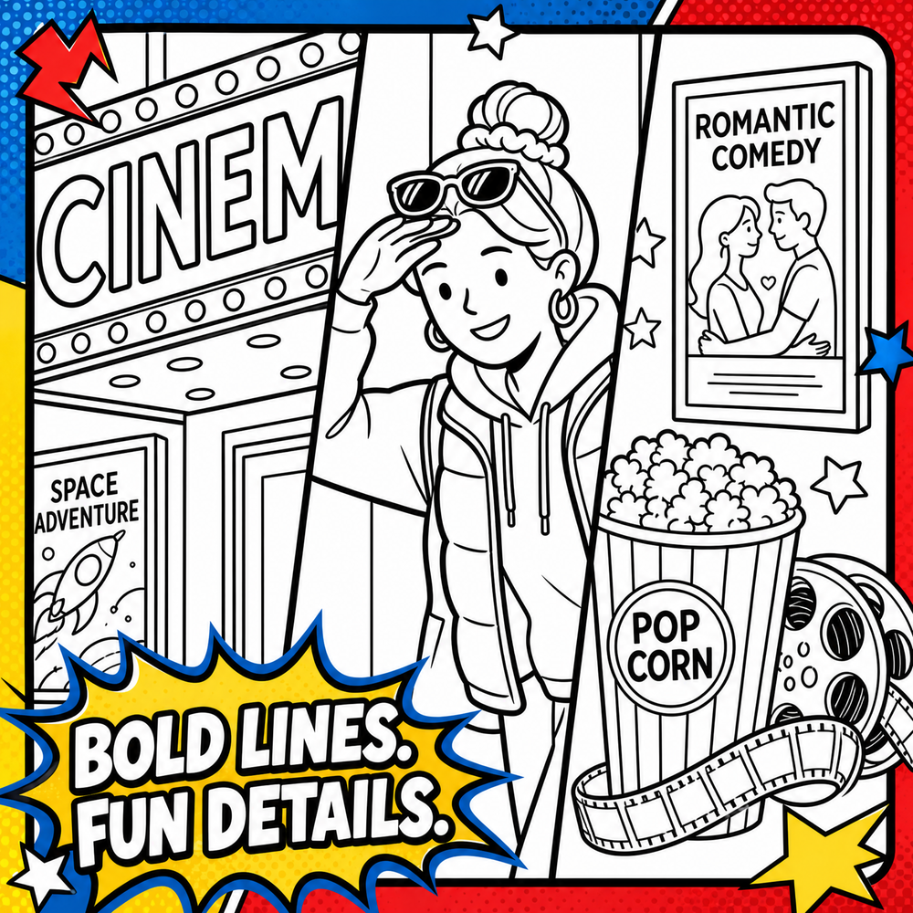 Dreamy Cat at Cinema: 50+ Cute Cinema Coloring Book for Kids