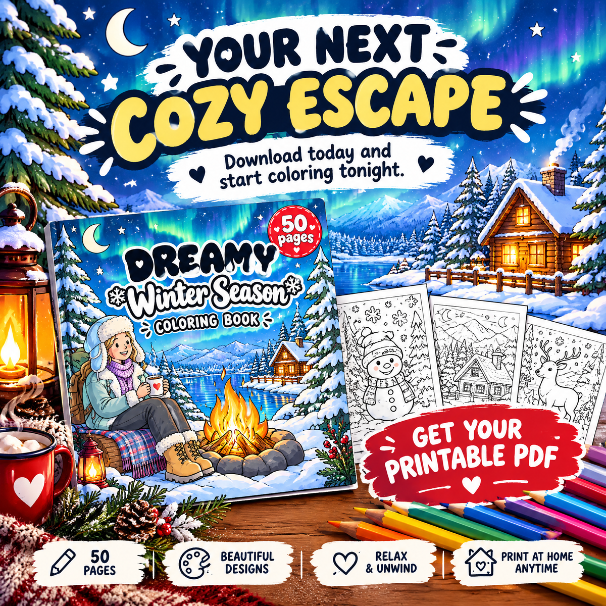 Dreamy Winter Season Coloring Book – 50 Printable Cozy Winter Pages