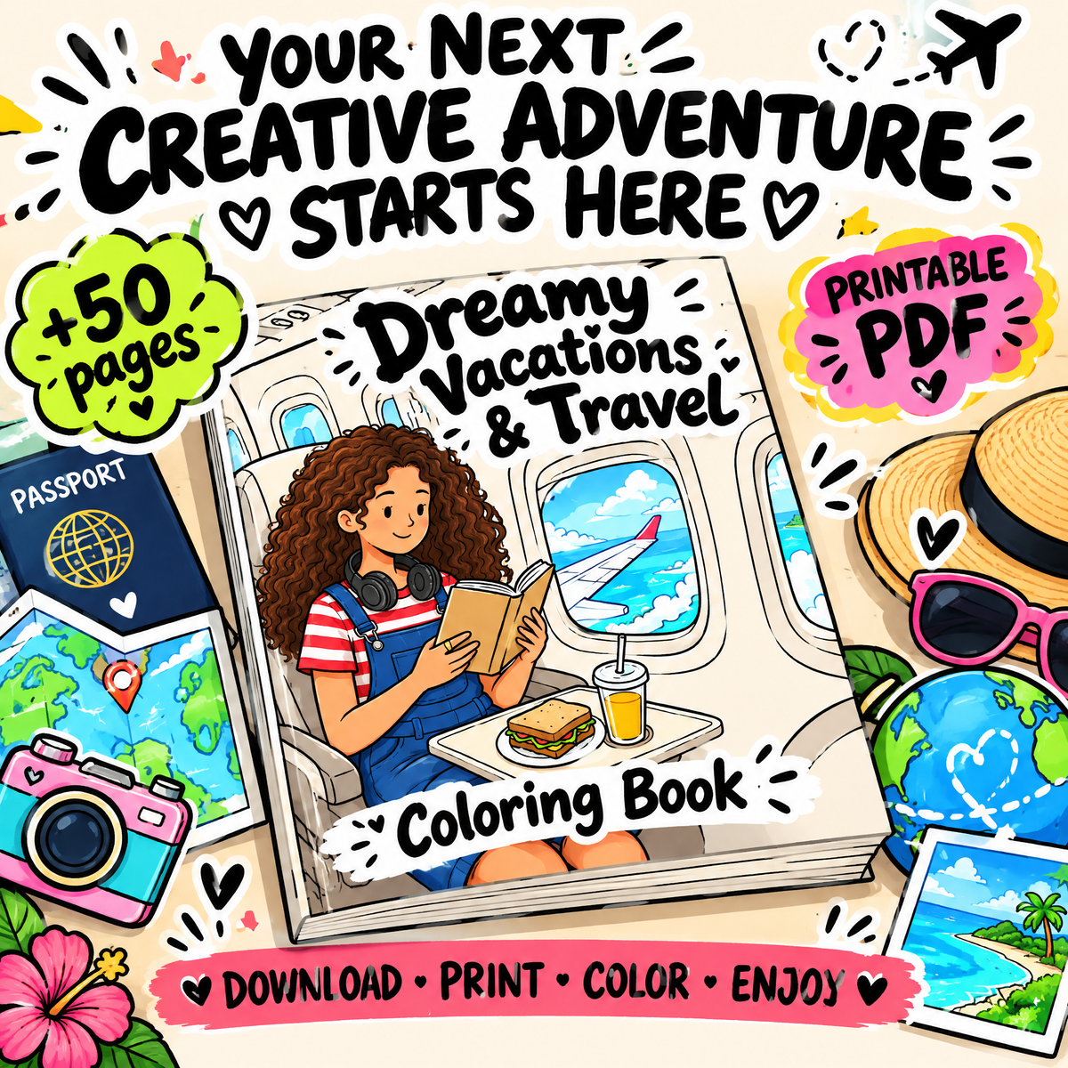 Dreamy Vacations &amp; Travel Coloring Book — 50+ Pages
