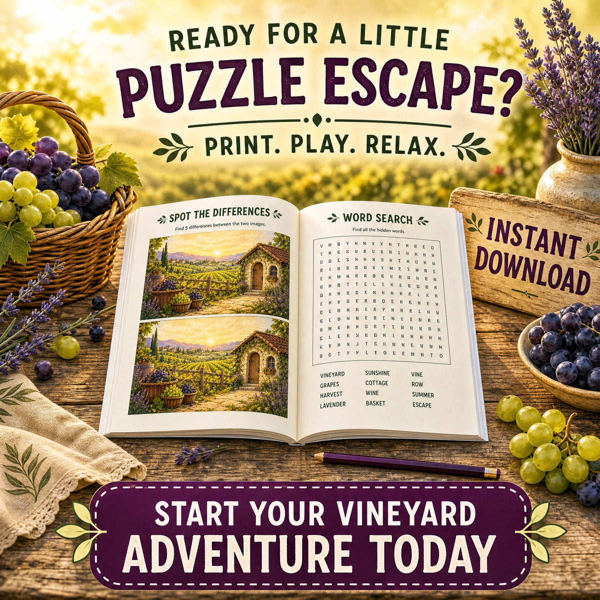 Find the Differences: Dreamy Vineyard – Printable PDF Puzzle Book for Kids &amp; Families
