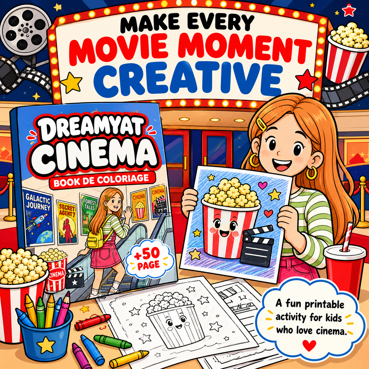Dreamy Cat at Cinema: 50+ Cute Cinema Coloring Book for Kids