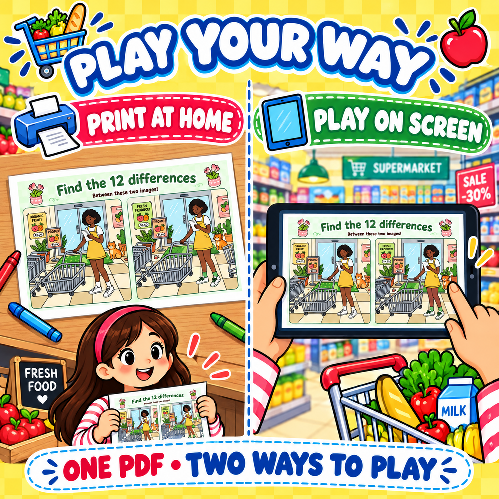 Find the 12 Differences Supermarket Fun – 30 Puzzles for Kids