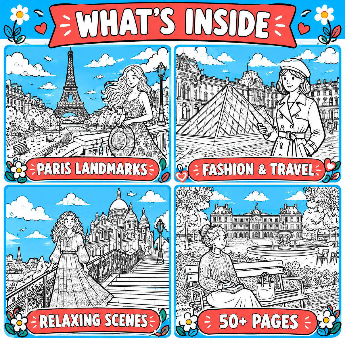 Dreamy Trip to France: Paris Coloring Book for Kids &amp; Teens | 50+ Pages