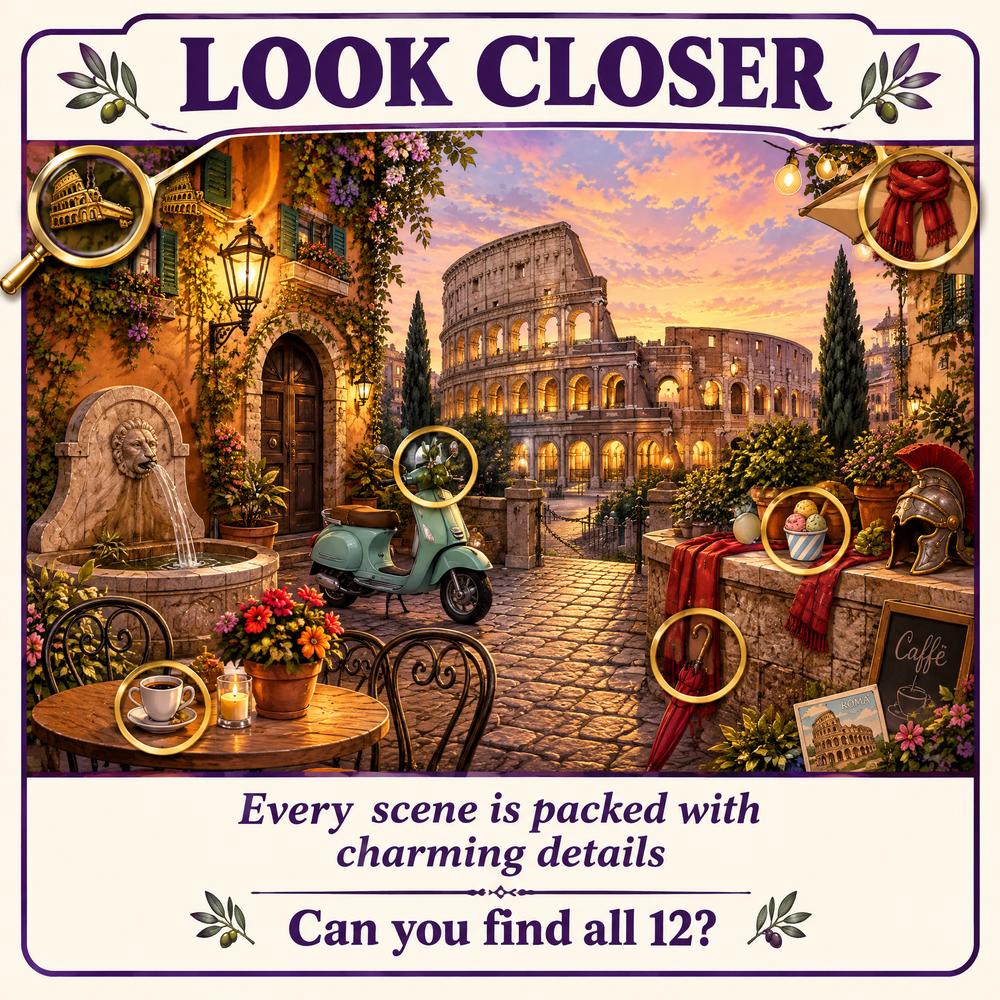 Dreamy Rome Italy – Find 12 Hidden Objects Activity Book