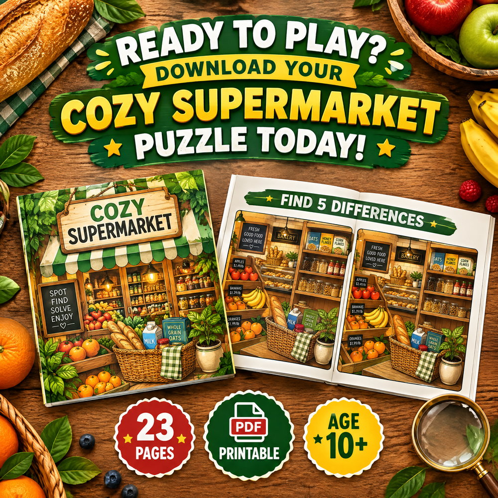 Find the Differences: Cozy Supermarket – Printable PDF Activity Book
