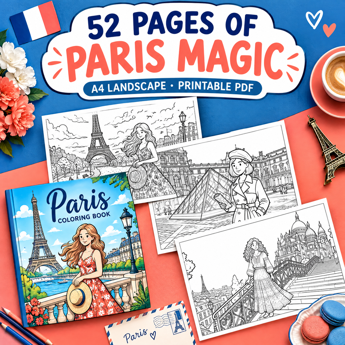 Dreamy Trip to France: Paris Coloring Book for Kids &amp; Teens | 50+ Pages