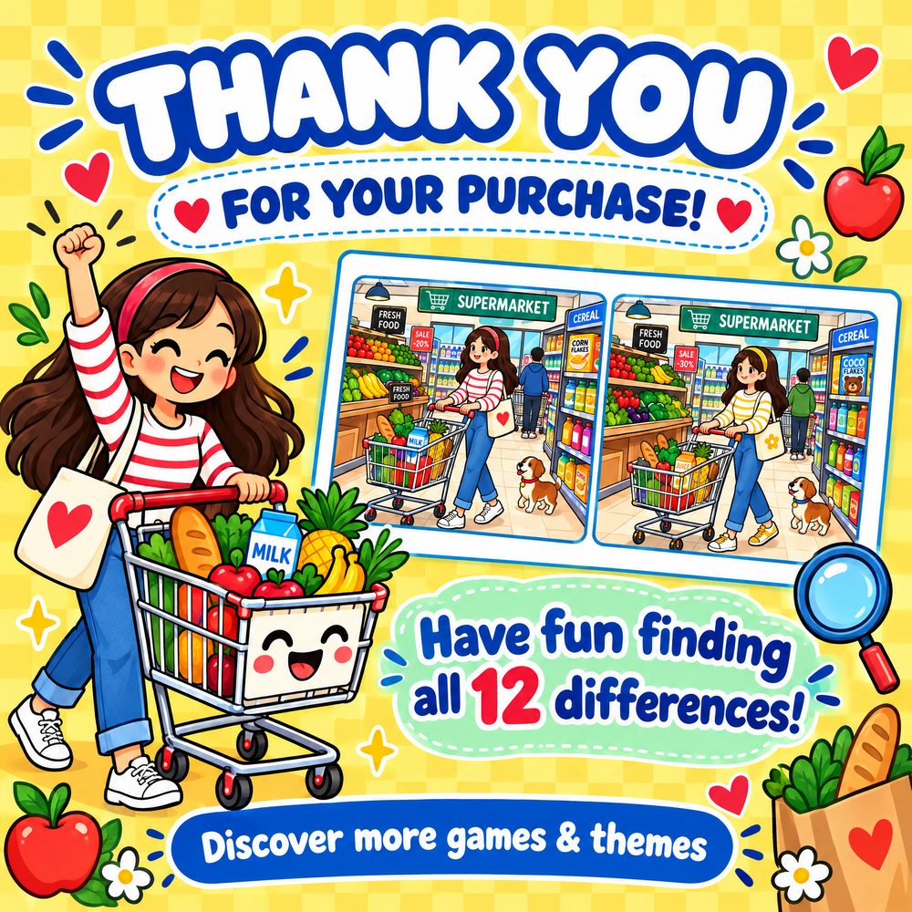 Find the 12 Differences Supermarket Fun – 30 Puzzles for Kids