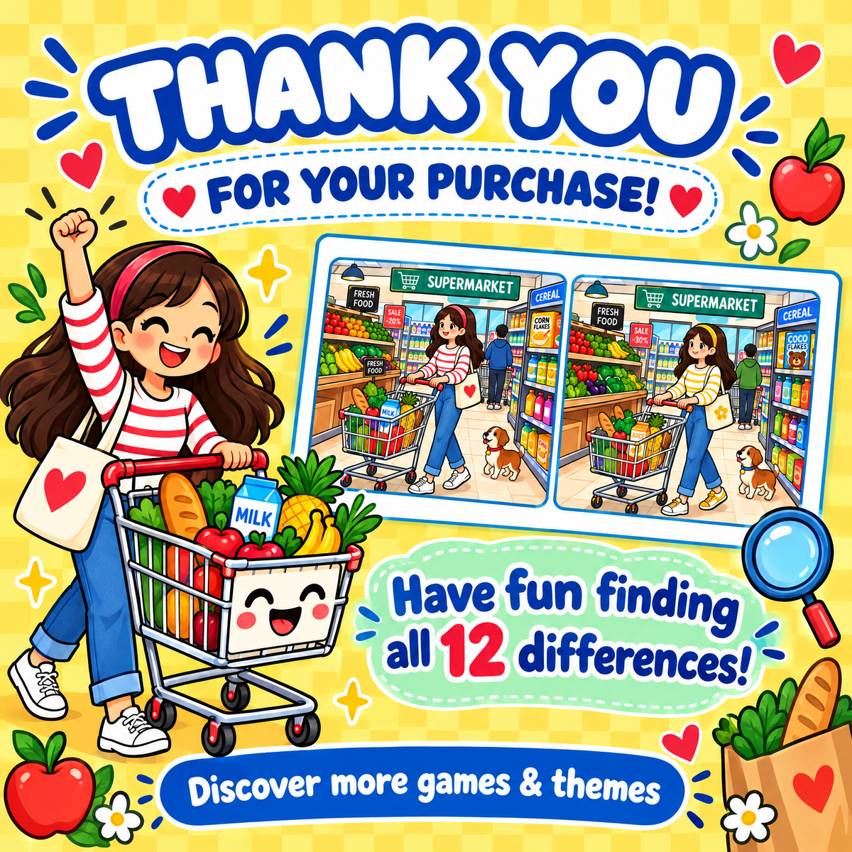 Find the 12 Differences Supermarket Fun – 30 Puzzles for Kids