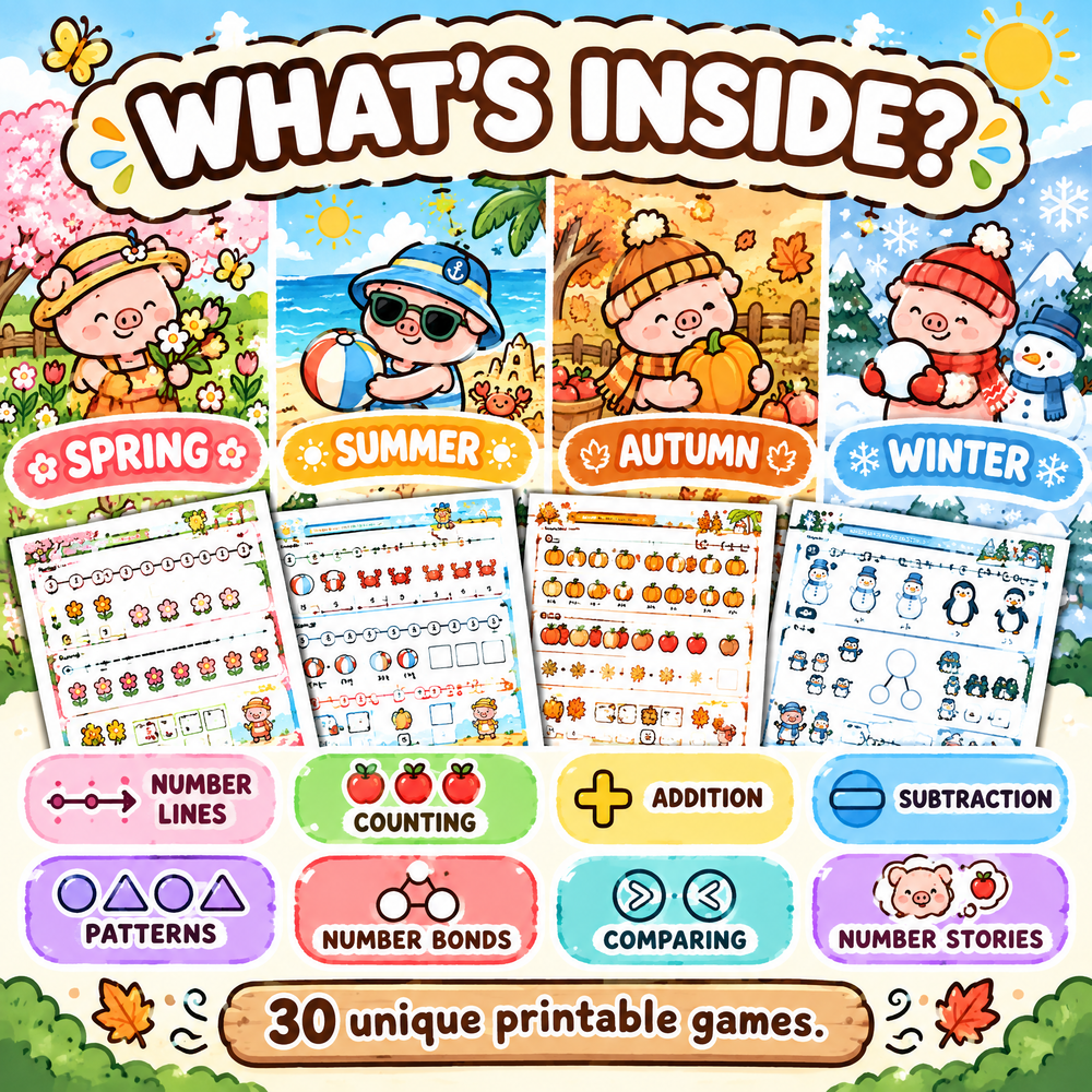 Four Seasons Number Games for Kids – 30 Printable Math Worksheets PDF – A4 Landscape Educational Activity Book