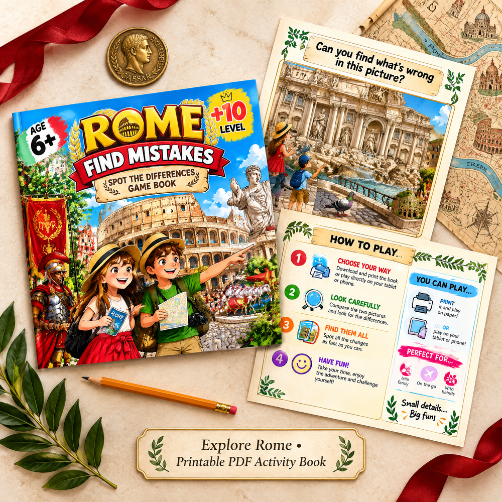 Explore Rome while searching for hidden anomalies - Printable PDF Activity Book