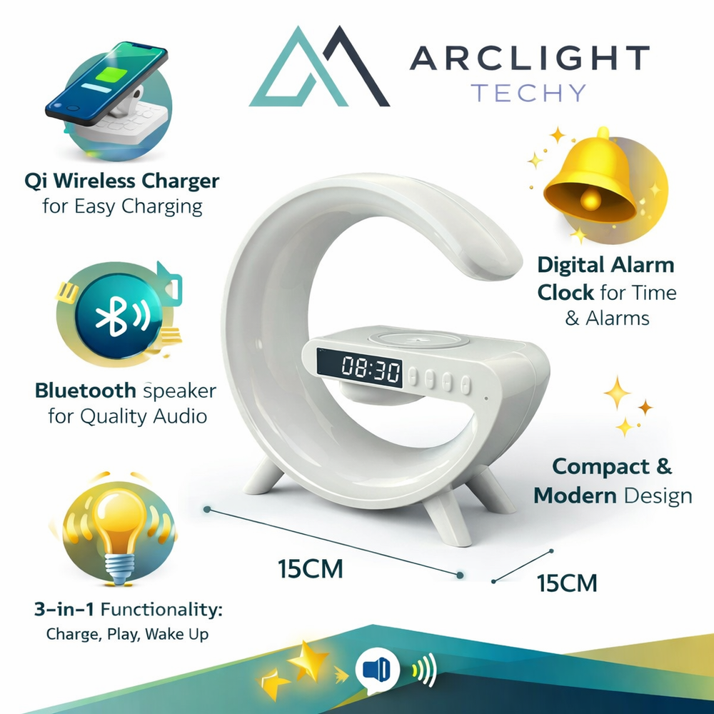 Multifunction RGB Wireless Charger Stand with Alarm Clock & Speaker