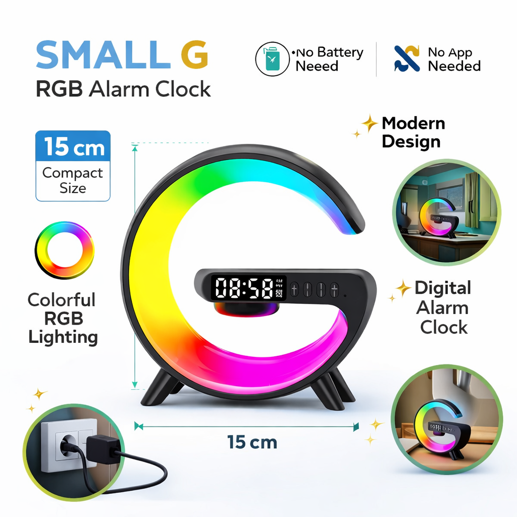 Multifunction RGB Wireless Charger Stand with Alarm Clock & Speaker