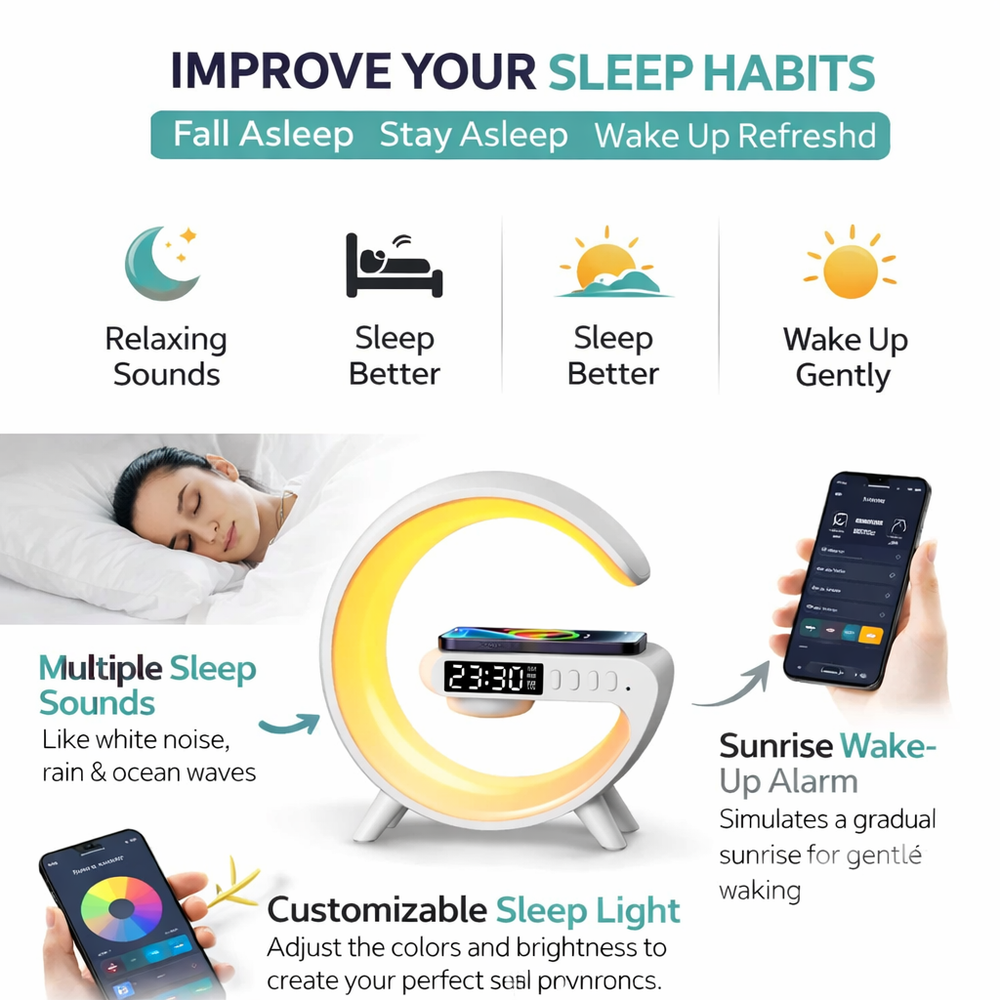 Multifunction RGB Wireless Charger Stand with Alarm Clock & Speaker