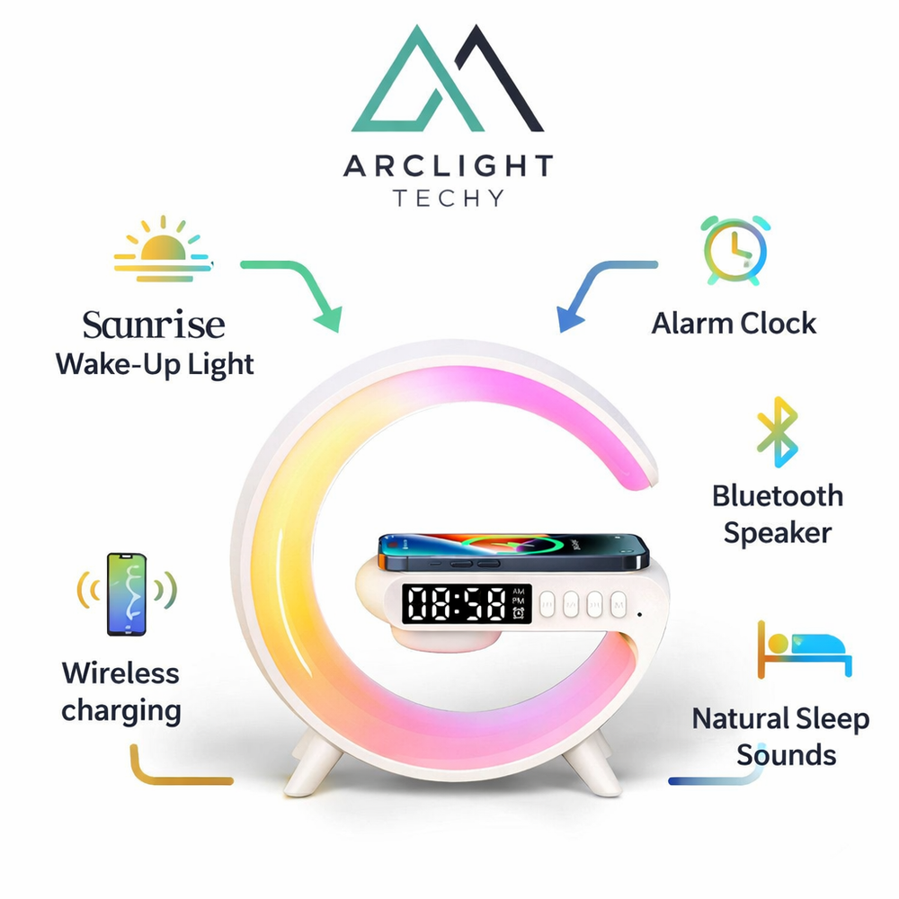 Multifunction RGB Wireless Charger Stand with Alarm Clock & Speaker