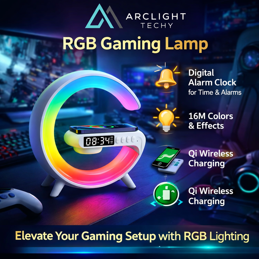 Multifunction RGB Wireless Charger Stand with Alarm Clock & Speaker