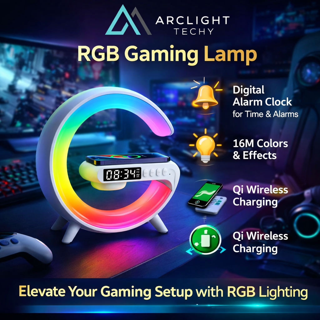 Multifunction RGB Wireless Charger Stand with Alarm Clock & Speaker