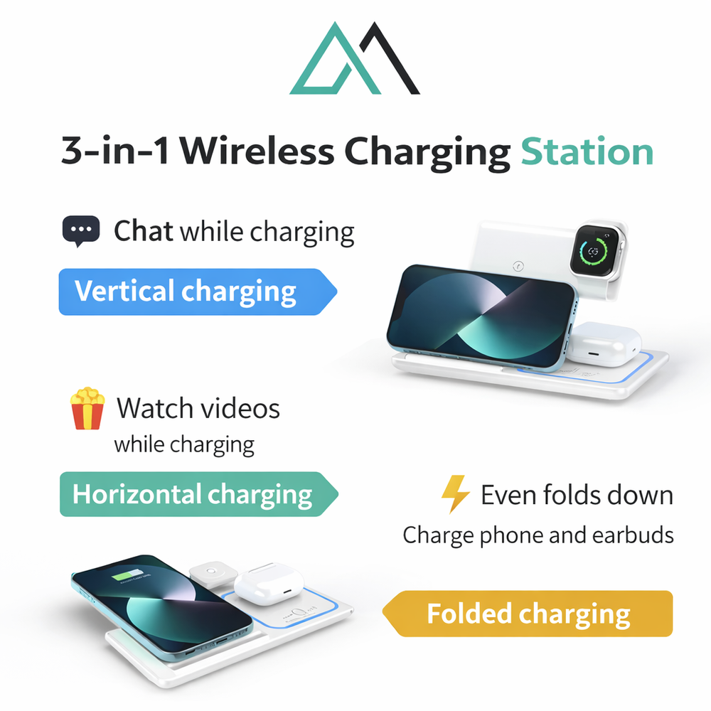 Foldable Wireless Charger Stand for iPhone, Apple Watch & AirPods