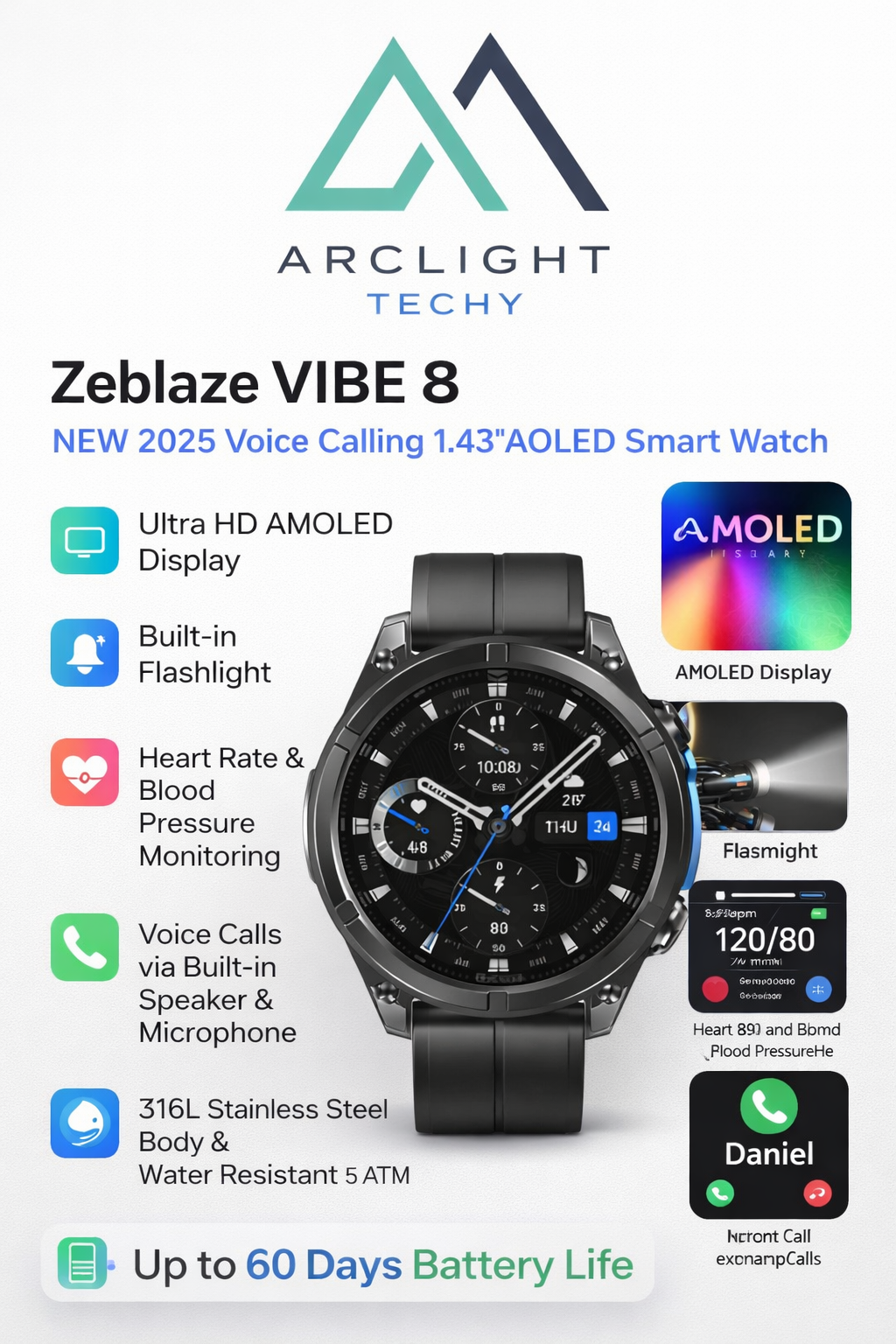 NEW Zeblaze VIBE 8 Voice Calling 1.43" AMOLED Display Smart Watch