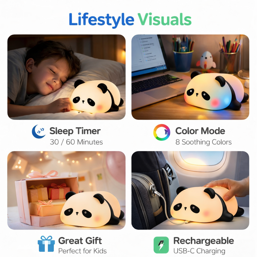 Panda Night Light, Rechargeable with Timer