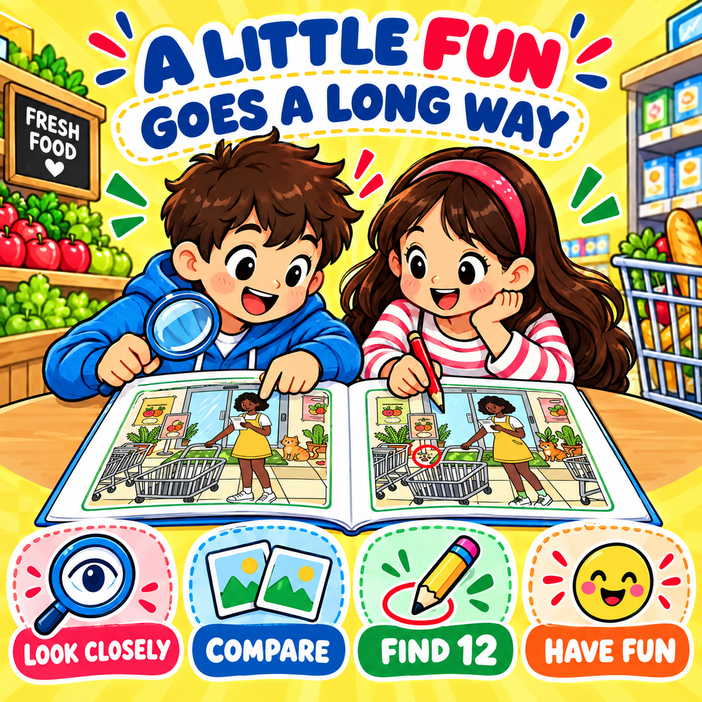 Find the 12 Differences Supermarket Fun – 30 Puzzles for Kids