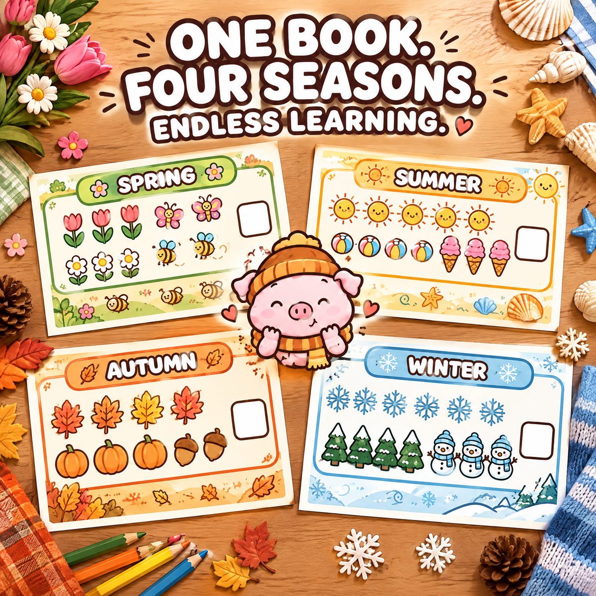 Four Seasons Number Games for Kids – 30 Printable Math Worksheets PDF – A4 Landscape Educational Activity Book