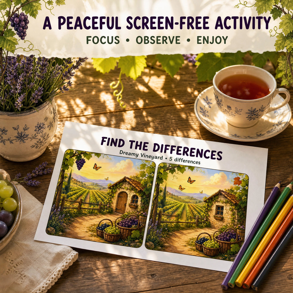 Find the Differences: Dreamy Vineyard – Printable PDF Puzzle Book for Kids &amp; Families