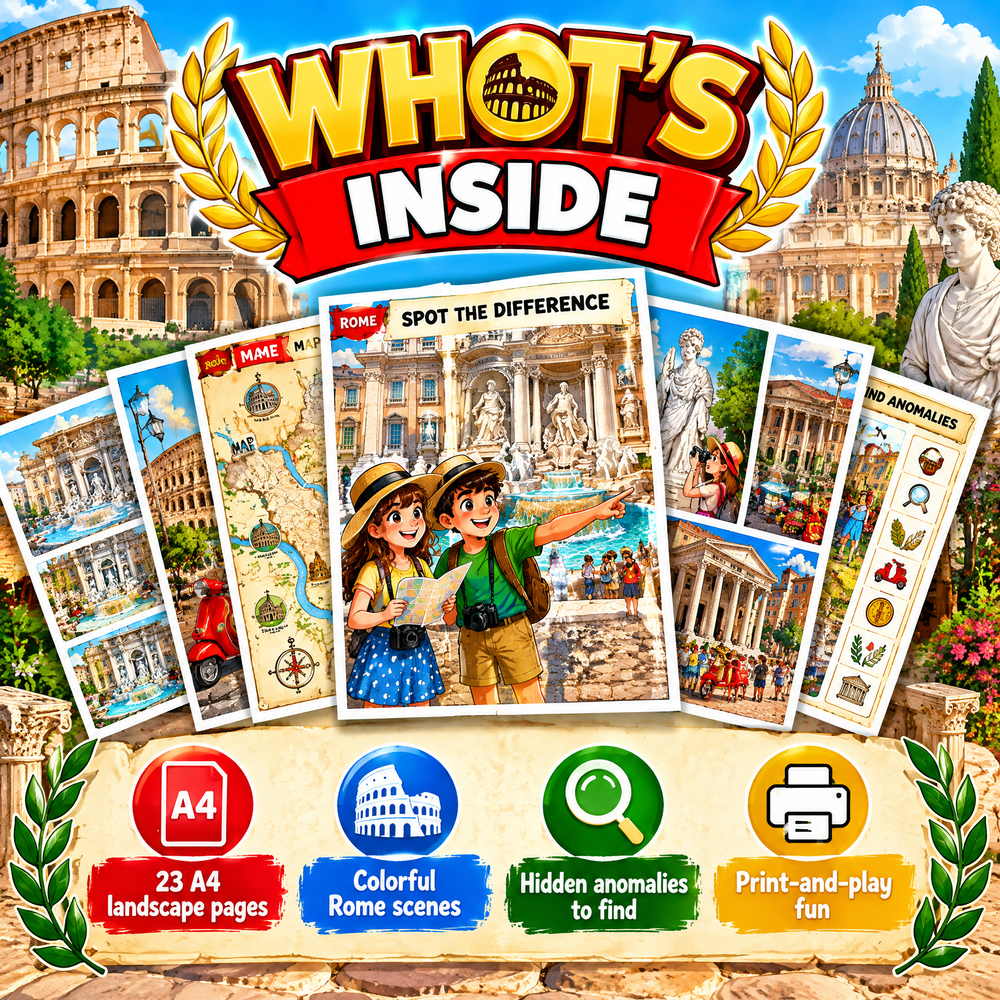 Explore Rome while searching for hidden anomalies - Printable PDF Activity Book