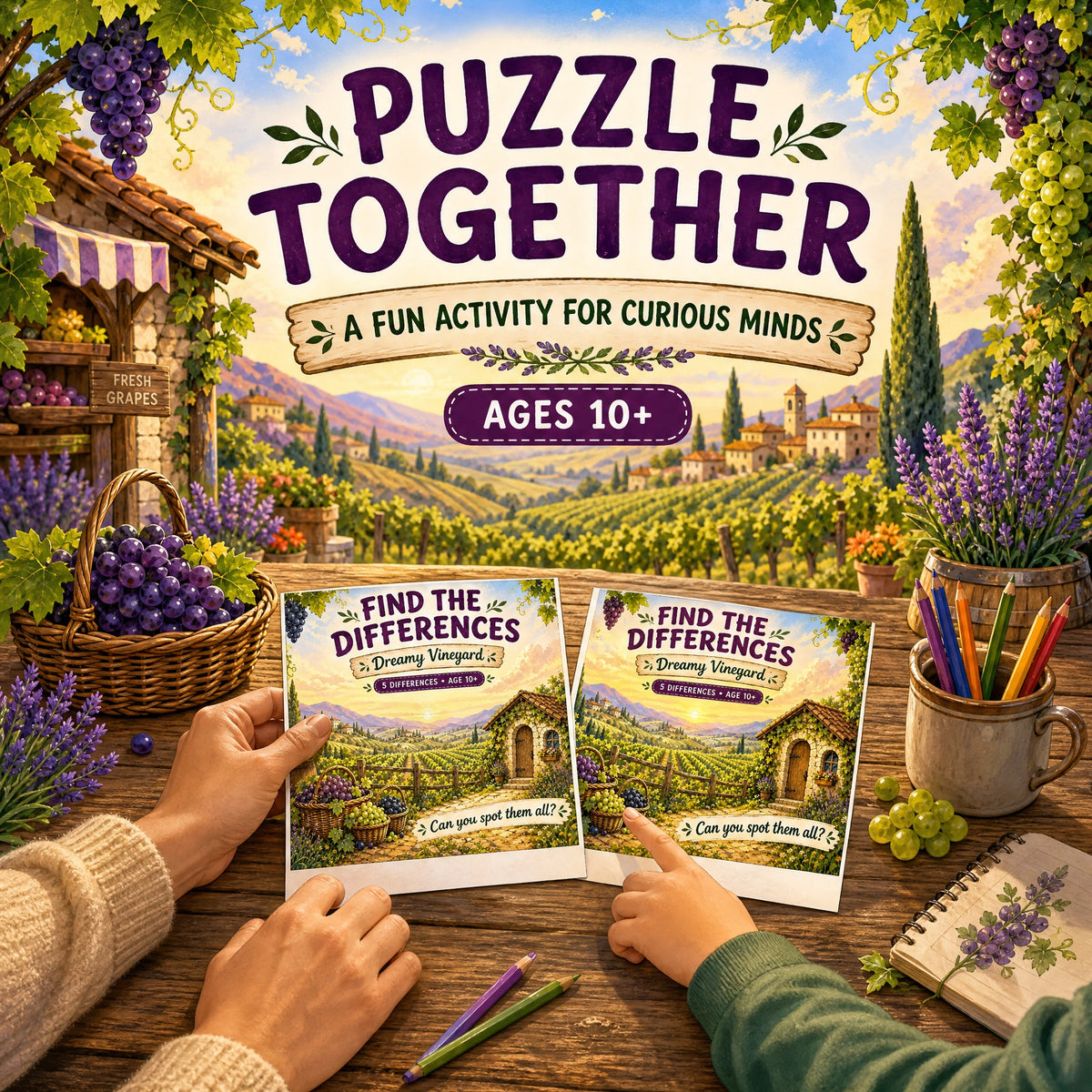 Find the Differences: Dreamy Vineyard – Printable PDF Puzzle Book for Kids &amp; Families
