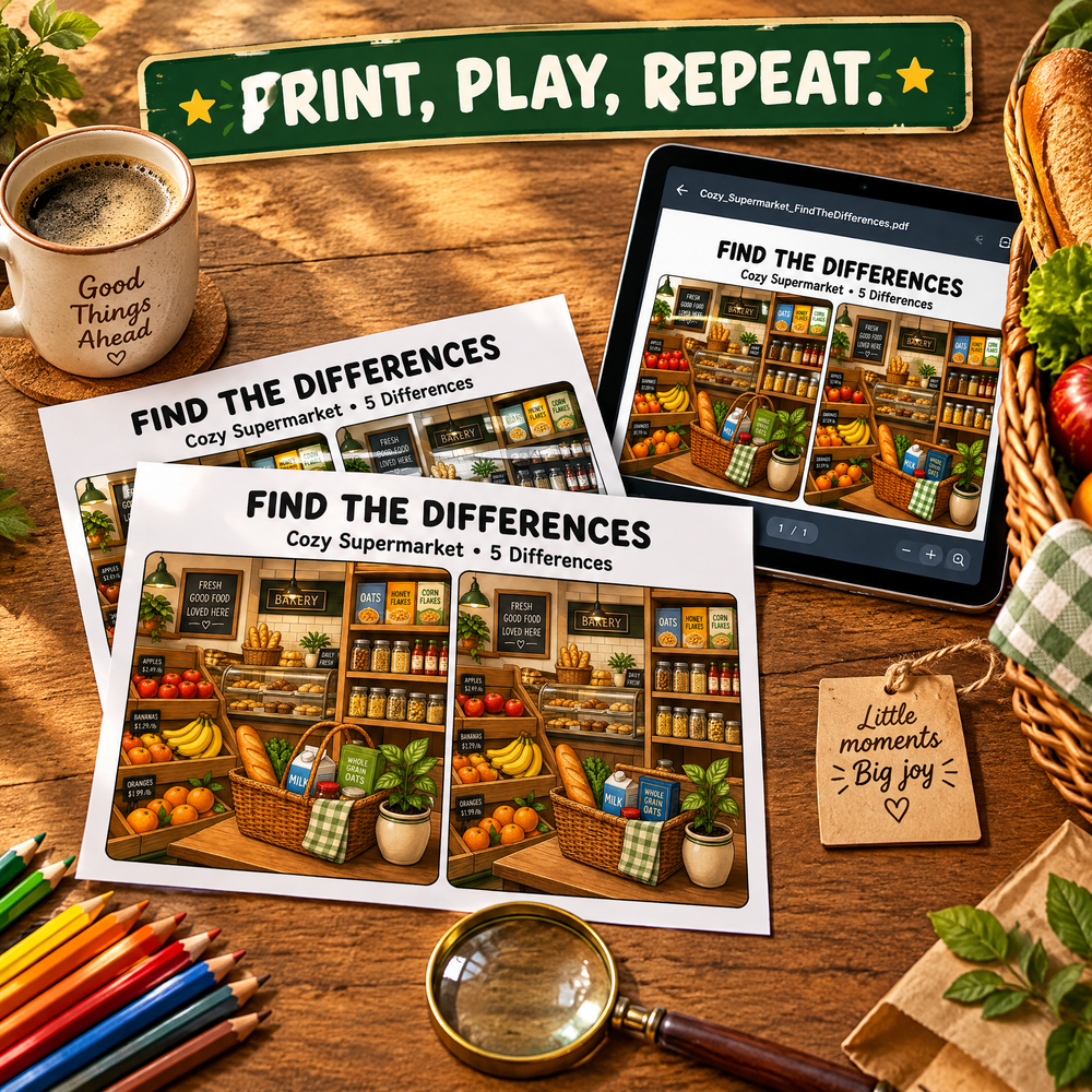 Find the Differences: Cozy Supermarket – Printable PDF Activity Book