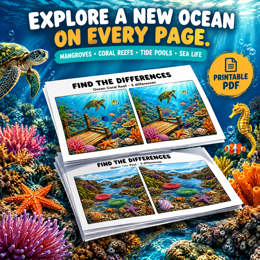 Find the Differences: Ocean Adventures – 20 Pages Printable PDF Activity Book