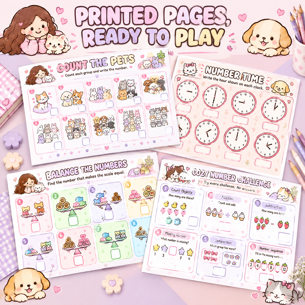 Cozy Animal Number Games – 30 Printable Math Activities for Kids Ages 4–7  A4 Landscape PDF  English Digital Product