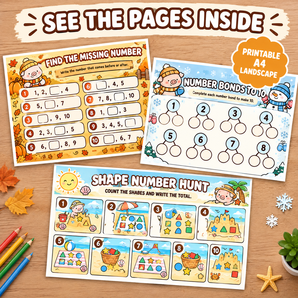 Four Seasons Number Games for Kids – 30 Printable Math Worksheets PDF – A4 Landscape Educational Activity Book