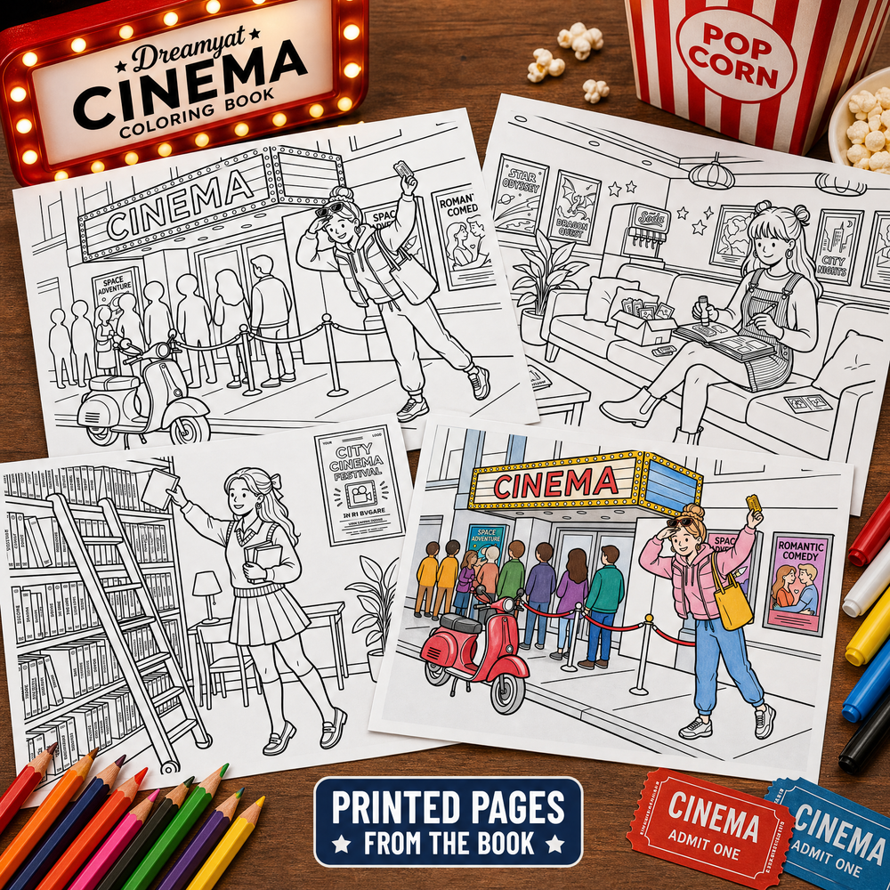 Dreamy Cat at Cinema: 50+ Cute Cinema Coloring Book for Kids